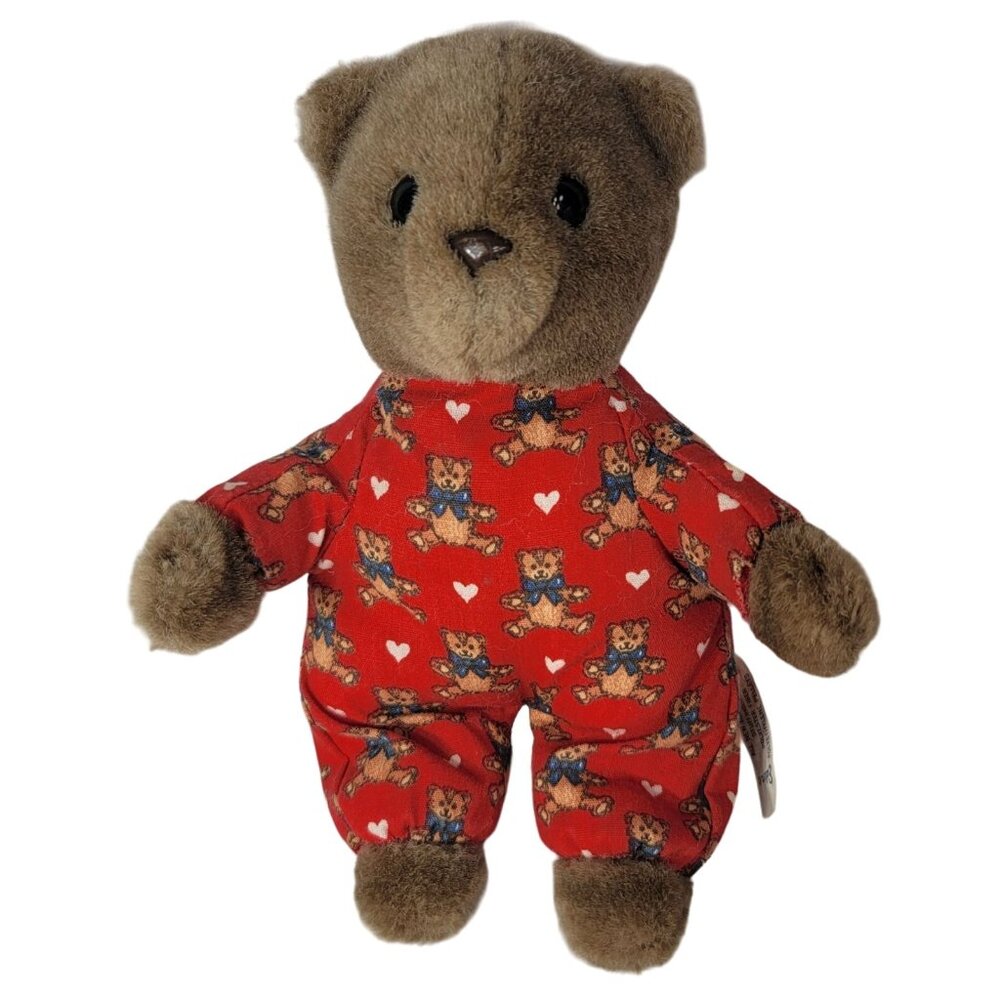 Eden Teddy Bear Plush Dark Brown 8" Red Pajamas Heart & Puppy Print Vintage